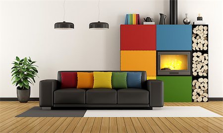 Colorful living room with sofa and fireplace - 3D Rendering Stock Photo - Budget Royalty-Free & Subscription, Code: 400-08259748