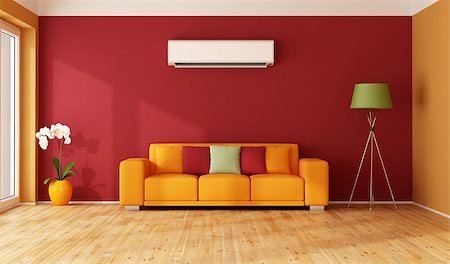 simsearch:400-07797413,k - Red and  orange living room with colorful sofa and air conditioner - 3D Rendering Foto de stock - Royalty-Free Super Valor e Assinatura, Número: 400-08259749