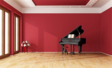 simsearch:400-06797947,k - Large red room with black grand piano - 3D Rendering Stock Photo - Budget Royalty-Free & Subscription, Code: 400-08259751