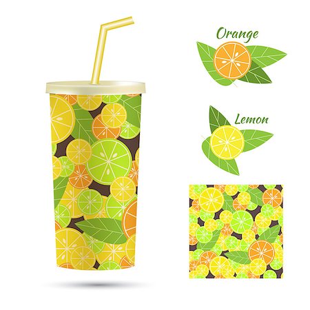 sasha2538 (artist) - Colorful  disposable cup mock up for beverages with straw. Seamless pattern with citrus and leaves. Vector background. Orange and lemon icons Stockbilder - Microstock & Abonnement, Bildnummer: 400-08259798