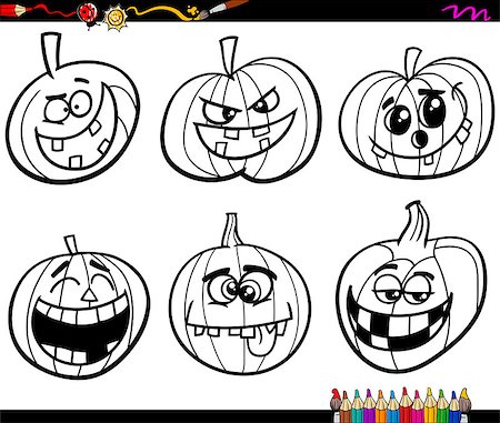 simsearch:400-09137399,k - Black and White Cartoon Illustration Jacks Lanterns or Halloween Pumpkins Characters Set for Coloring Book Stockbilder - Microstock & Abonnement, Bildnummer: 400-08259872