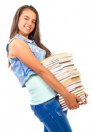 school girl holding pile of books - young student girl holding a stack of books on white background Stock Photo - Budget Royalty-Free & Subscription, Code: 400-08250621