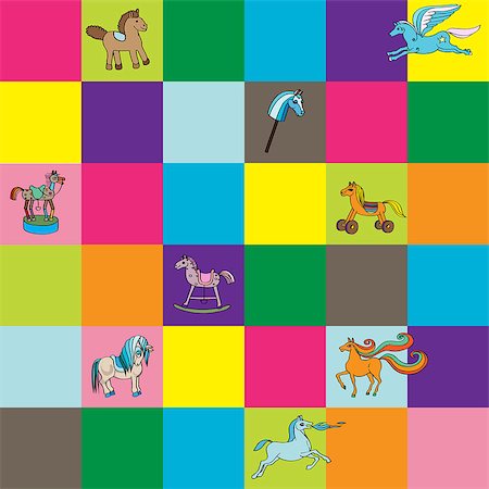simsearch:400-07614122,k - Seamless pattern with colored tiles and hand drawn illustrations of toy horses for kids Stock Photo - Budget Royalty-Free & Subscription, Code: 400-08251150