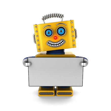 simsearch:400-07511289,k - Smiling toy robot is holding up a blank sign over white background Fotografie stock - Microstock e Abbonamento, Codice: 400-08251407
