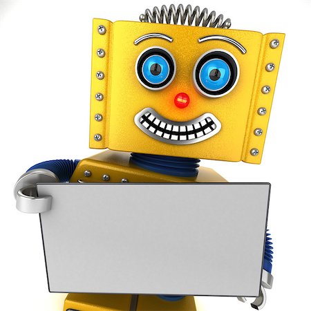 simsearch:400-07511289,k - Smiling toy robot is holding up a blank sign over white background Fotografie stock - Microstock e Abbonamento, Codice: 400-08251408