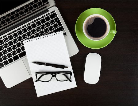 simsearch:400-07465112,k - Office desk table with computer, supplies, coffee cup and glasses. Top view with copy space Stock Photo - Budget Royalty-Free & Subscription, Code: 400-08251563