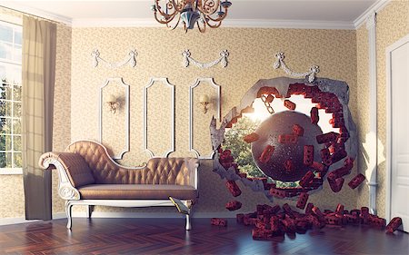 eviction - wrecking ball enters the room. 3d creative concept Stock Photo - Budget Royalty-Free & Subscription, Code: 400-08251904