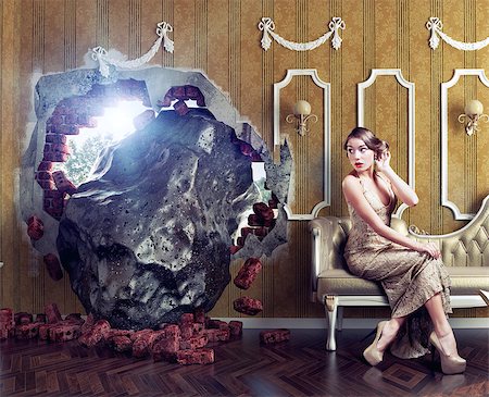 Meteorite enters the room, scaring the woman on the sofa. Photo combination creative concept Photographie de stock - Aubaine LD & Abonnement, Code: 400-08251905