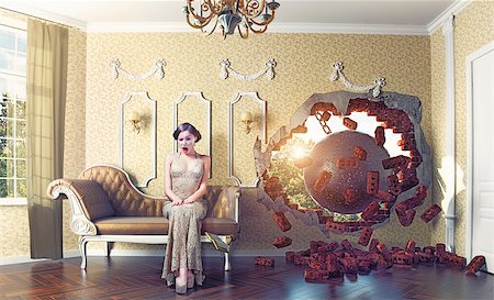 wrecking ball enters the room, scaring the woman on the sofa. Photo combination creative concept Fotografie stock - Microstock e Abbonamento, Codice: 400-08251908