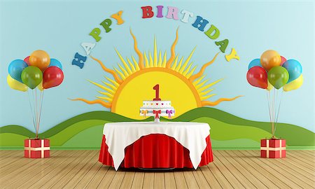 Birthday party with round table with cake and colorful decoration on wall - 3D Rendering Stock Photo - Budget Royalty-Free & Subscription, Code: 400-08252244