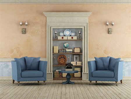 simsearch:400-08428633,k - Vintage Room with classic stone portal used as a bookcase and two leather armchairs - 3D Rendering Foto de stock - Super Valor sin royalties y Suscripción, Código: 400-08252655