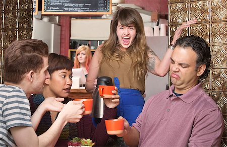 disgusting coffee - Screaming waitress with picky customers in coffee house Photographie de stock - Aubaine LD & Abonnement, Code: 400-08252878
