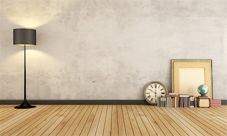 simsearch:400-08427462,k - Vintage room with black lamp and vintage objects on wooden floor - 3D Rendering Stock Photo - Budget Royalty-Free & Subscription, Code: 400-08253043