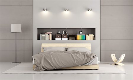 simsearch:400-07796866,k - Wooden double bed in a contemporary bedroom with  niche , books and decor objects - 3D Rendering Stock Photo - Budget Royalty-Free & Subscription, Code: 400-08253436