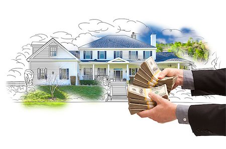 simsearch:400-08254335,k - Hand Holding Thousands of Dollars In Cash Over House Drawing and Photo Area. Fotografie stock - Microstock e Abbonamento, Codice: 400-08253514