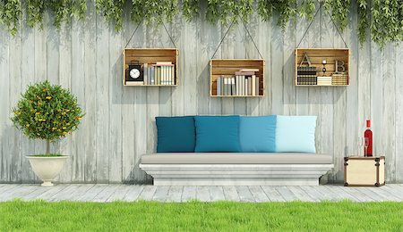 simsearch:400-08554639,k - Stone bench with colorful cushion,crate on wooden wall in a vintage garden - 3D Rendering Stock Photo - Budget Royalty-Free & Subscription, Code: 400-08253777