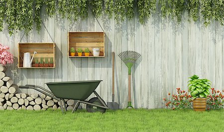 simsearch:400-08554639,k - Tools for gardening in a garden with  old wooden fence-3d rendering Stock Photo - Budget Royalty-Free & Subscription, Code: 400-08253778