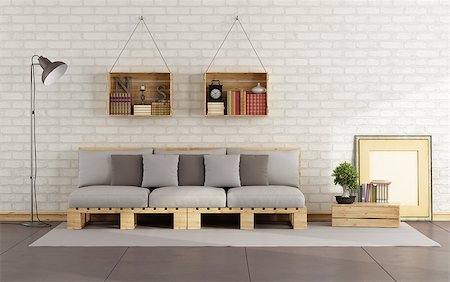 simsearch:400-06795753,k - Living room with pallet sofa and wooden crate with books on brick wall - 3D Rendering Stock Photo - Budget Royalty-Free & Subscription, Code: 400-08253779