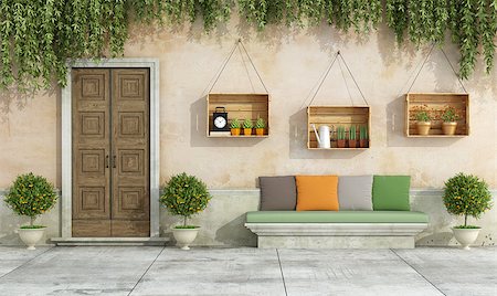 simsearch:400-06396983,k - Country house with old door,stone bench , colorful cushion - 3D Rendering Stock Photo - Budget Royalty-Free & Subscription, Code: 400-08253784