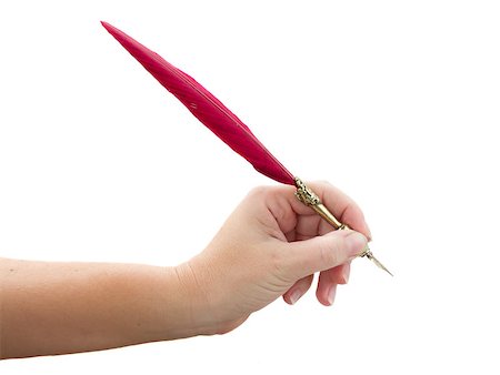 quill - someones hand holding red feather pen   isolated on white background Stock Photo - Budget Royalty-Free & Subscription, Code: 400-08253932