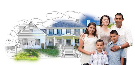 father child yard not illustration not business not vintage not 20s not 30s not 40s not 70s not 80s - Young Hispanic Family Over House Drawing and Photo Combination on White. Stock Photo - Budget Royalty-Free & Subscription, Code: 400-08253964