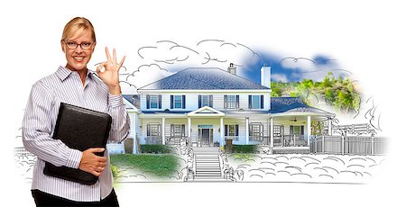 simsearch:400-08254335,k - Woman with Okay Sign and File Folder Over House Drawing and Photo Combination on White. Fotografie stock - Microstock e Abbonamento, Codice: 400-08253967