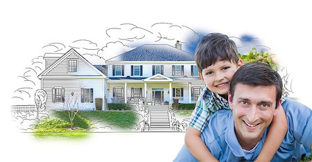 father child yard not illustration not business not vintage not 20s not 30s not 40s not 70s not 80s - Father and Son Over House Drawing and Photo Combination on White. Stock Photo - Budget Royalty-Free & Subscription, Code: 400-08253969