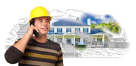 simsearch:400-08254335,k - Hispanic Construction Worker on Phone Over House Drawing and Photo Combination on White. Fotografie stock - Microstock e Abbonamento, Codice: 400-08253961