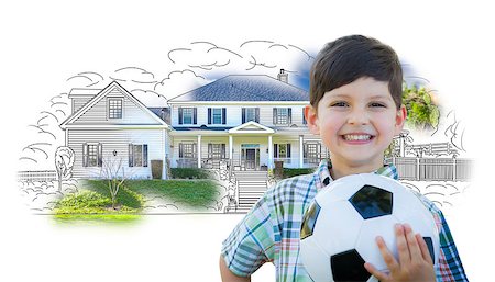 simsearch:400-08254335,k - Cute Smiling Young Boy Holding Soccer Ball In Front of House Sketch Photo Combination. Fotografie stock - Microstock e Abbonamento, Codice: 400-08253970