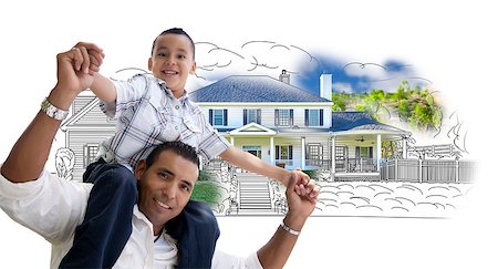 father child yard not illustration not business not vintage not 20s not 30s not 40s not 70s not 80s - Hispanic Father and Son Over House Drawing and Photo Combination on White. Stock Photo - Budget Royalty-Free & Subscription, Code: 400-08253971