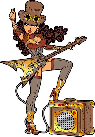 simsearch:400-06750158,k - Sexy Steampunk Rocker With Electric Guitar and Amplifier Foto de stock - Royalty-Free Super Valor e Assinatura, Número: 400-08266144