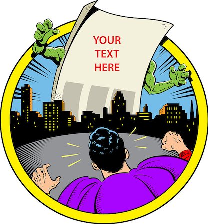 simsearch:400-06758626,k - Classic Retro Superhero Ready to Fight Paper Monster Displaying Your Custom Message Over City Skyline Stockbilder - Microstock & Abonnement, Bildnummer: 400-08266155