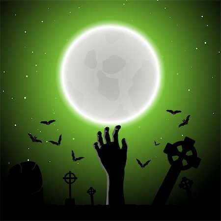 Happy Halloween Greeting Card. Elegant Design With Zombie Hand, Bat, Grave, Cemetery and Moon  Over Grunge Dark Green Starry Sky Background. Vector illustration. Stock Photo - Budget Royalty-Free & Subscription, Code: 400-08260114