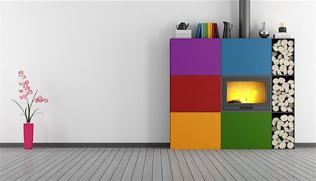 simsearch:400-06797947,k - Empty room with colorful fireplace  - 3D Rendering Stock Photo - Budget Royalty-Free & Subscription, Code: 400-08260367