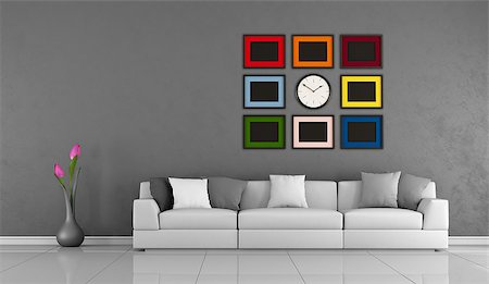 Modern Living room with gray wall,white sofa and colorful frame - 3D Rendering Stock Photo - Budget Royalty-Free & Subscription, Code: 400-08260371