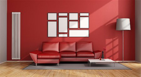 Red Living Room with modern couch and vertical heater - 3D Rendering Stock Photo - Budget Royalty-Free & Subscription, Code: 400-08260372