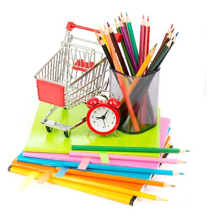 simsearch:400-04801462,k - Pencil cup with crayons and alarm clock, shopping cart on isolated white background Stock Photo - Budget Royalty-Free & Subscription, Code: 400-08260614