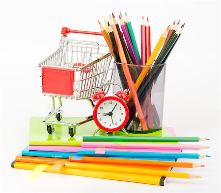 simsearch:400-04801462,k - Pencil cup with crayons and alarm clock, shopping cart on isolated white background Stock Photo - Budget Royalty-Free & Subscription, Code: 400-08260616