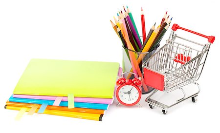 simsearch:400-04801462,k - Pencil cup with crayons and alarm clock, shopping cart on isolated white background Stock Photo - Budget Royalty-Free & Subscription, Code: 400-08260613