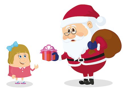 simsearch:400-04054280,k - Cheerful Santa Claus with a bag of gifts gives a little girl gift box, Christmas holiday illustration, funny cartoon characters isolated on white background. Vector Stock Photo - Budget Royalty-Free & Subscription, Code: 400-08260705