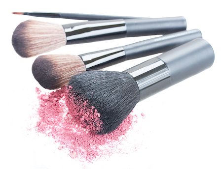set of  make up brushes with make up crumbles  isolated on white background Stock Photo - Budget Royalty-Free & Subscription, Code: 400-08260796