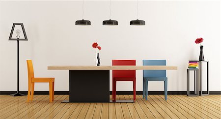 simsearch:400-04196177,k - Minimalist dining room with table and colorful chairs - 3D Rendering Foto de stock - Super Valor sin royalties y Suscripción, Código: 400-08260866