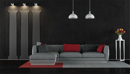 simsearch:400-06396170,k - Black living room with modern sofa and shape of classical columns on the wall - 3D Rendering Photographie de stock - Aubaine LD & Abonnement, Code: 400-08260868