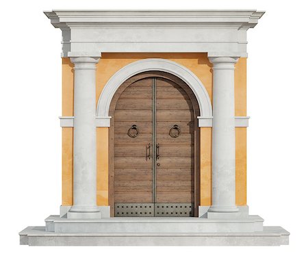 simsearch:400-07038923,k - Front view of a classic portal in tuscany order  with wooden door isolated on white - 3D Rendering Stock Photo - Budget Royalty-Free & Subscription, Code: 400-08260861