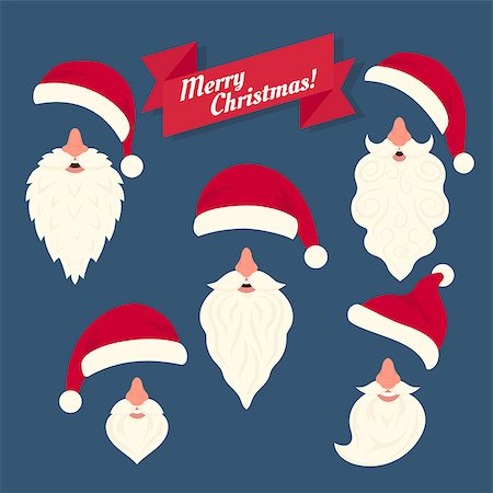 face card - Christmas clothes collection of different Santas hats with nose and funny white beards. Christmas elements in flat style for the celebrating mask on the face Foto de stock - Super Valor sin royalties y Suscripción, Código: 400-08261169