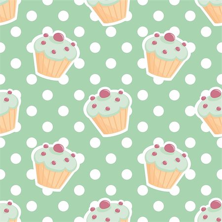 simsearch:400-07428310,k - Tile vector pattern with cupcakes and polka dots on mint green background for seamless decoration wallpaper Stock Photo - Budget Royalty-Free & Subscription, Code: 400-08261376