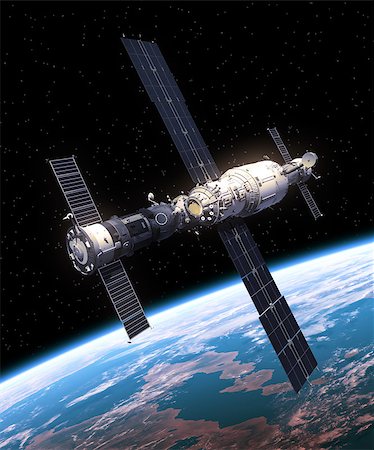 simsearch:400-07934066,k - Space Station In Space. Realistic 3D Scene. Foto de stock - Royalty-Free Super Valor e Assinatura, Número: 400-08261466