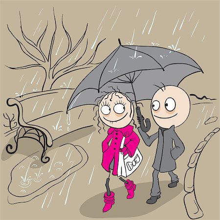 simsearch:400-04707096,k - Loving couple walking park in rain. Autumn weather rain. Cartoon illustration in vector format Stock Photo - Budget Royalty-Free & Subscription, Code: 400-08261550
