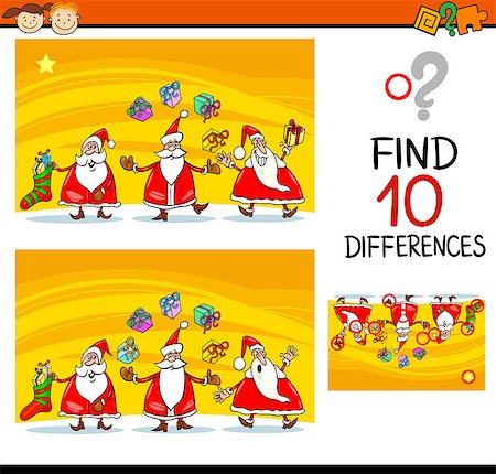 simsearch:400-08410906,k - Cartoon Illustration of Differences Educational Task for Preschool Children with Santa Claus Characters Foto de stock - Super Valor sin royalties y Suscripción, Código: 400-08261624