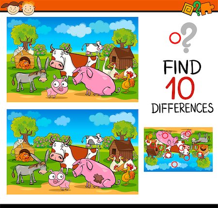 simsearch:400-08410906,k - Cartoon Illustration of Differences Educational Test for Preschool Children with Farm Animals Foto de stock - Super Valor sin royalties y Suscripción, Código: 400-08261627